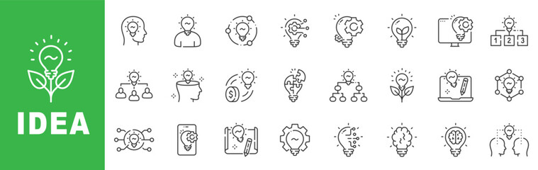 Idea outline icon set featuring innovation, creativity, brainstorming, smart solution, sustainable energy and technology concept symbols editable stroke line design © tutti_frutti