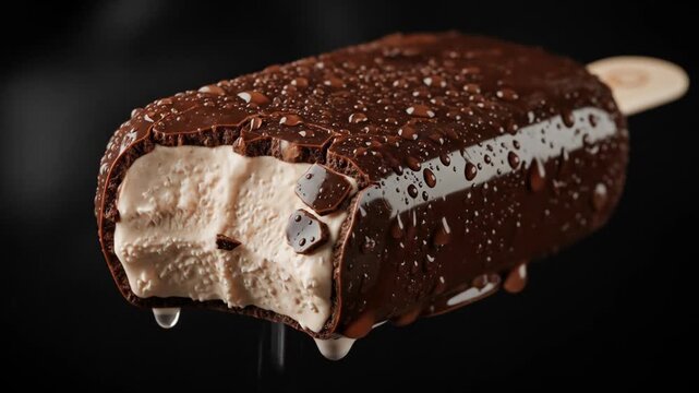 Delicious chocolate-covered ice cream bar with a bite taken out, melting on a dark background.