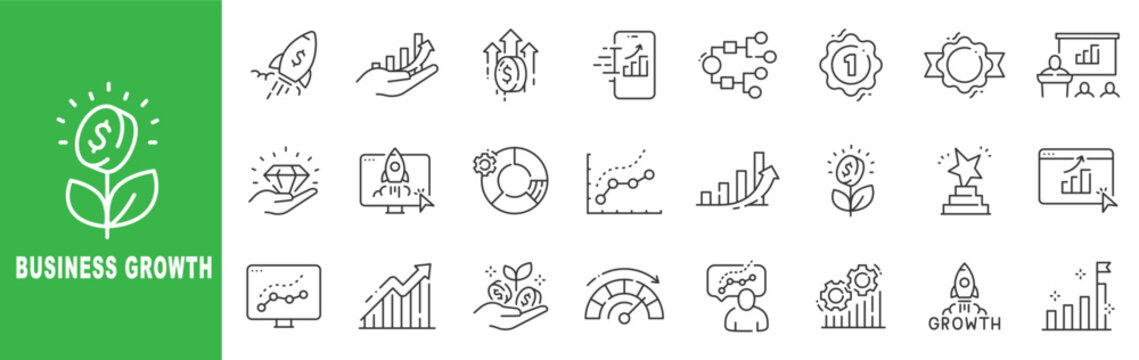 Business growth outline icon set featuring profit increase, revenue charts, startup rocket, analytics dashboard and investment success symbols editable stroke line design