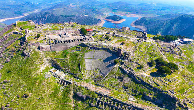 Aerial drone shooting of ancient city of Pergamon acropolis. Izmir - Turkey