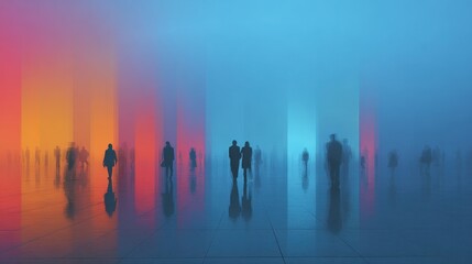 Fototapeta premium Twilight gradient sky above modern towers with commuters moving through luminous haze illustrating transition and uncertainty copy space minimalist theme vibrant Multilayer reflective plaza backdrop. 