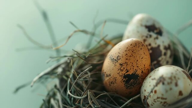 Close-up of birds emerging from speckled eggs in a natural nest.
