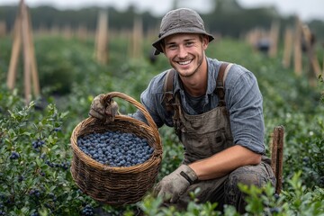Happy farmer holds a blueberry-filled basket while sitting amongst the blueberry bushes. Use this image to show fresh produce or a healthy lifestyle concept.
