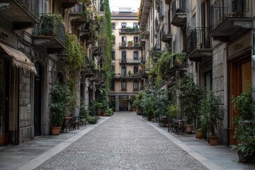 Obraz premium Cobblestone street leads to apartment buildings with plants and balconies