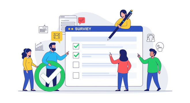 survey concept, people filling out form, online questionnaire