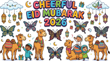 Fototapeta premium Cheerful Eid Mubarak 2026 Colorful Celebration with Camels and Lanterns Illustration 2026 