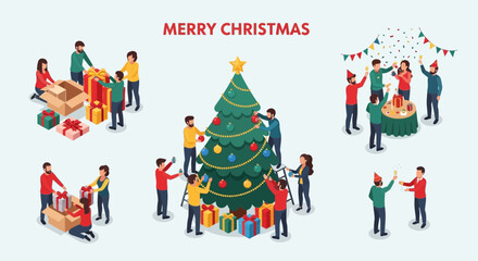 Naklejka premium christmas celebration, people decorating tree, gift boxes, party
