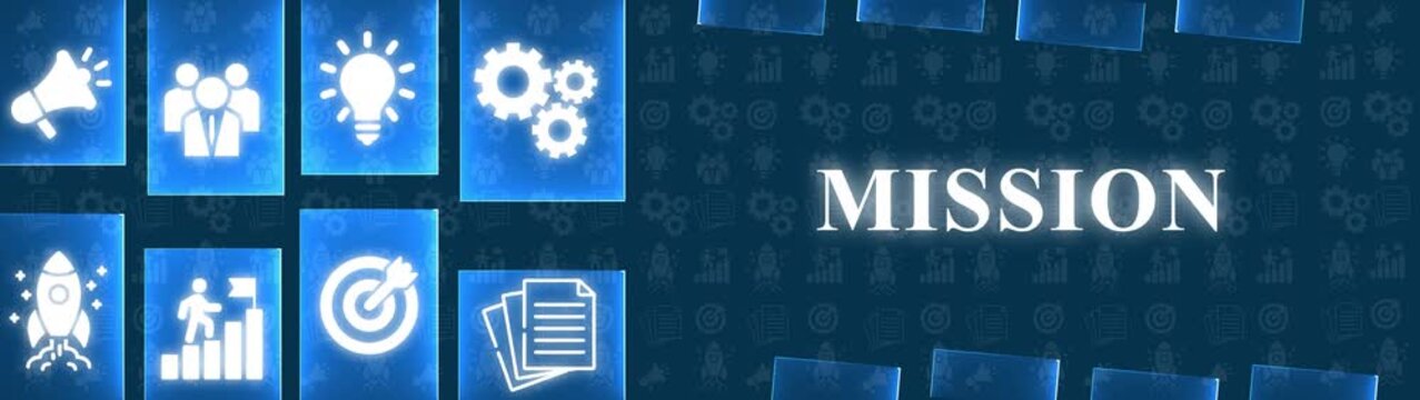 Blue Business Mission Concept with Icons of Teamwork, Ideas, Gears, Rocket, Growth, Target and Documents