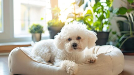 A small white poodle rests on a cozy bed in a bright room filled with green plants. Sunlight streams through the window, creating a warm atmosphere.