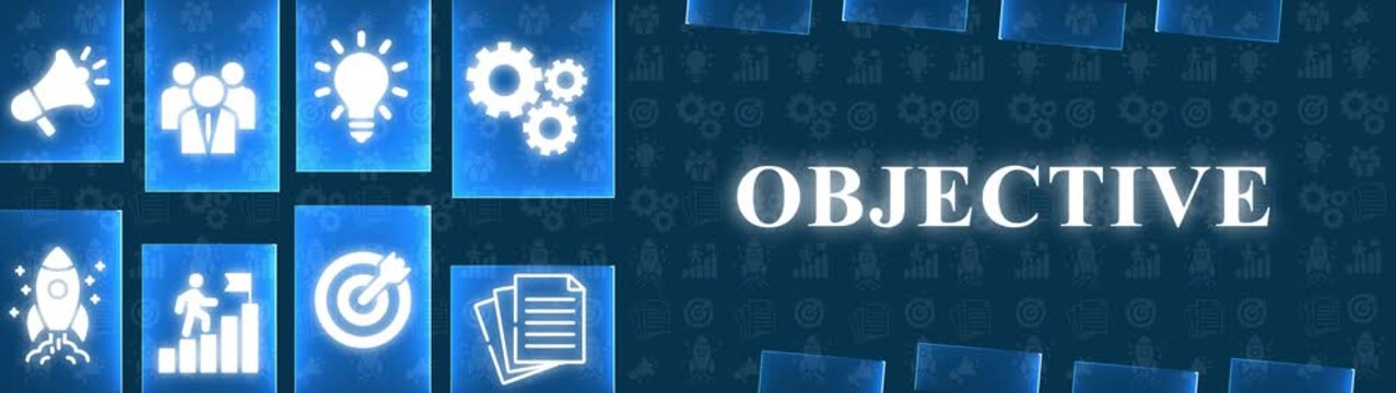 Blue Business Objective Concept with Icons of Teamwork, Ideas, Gears, Rocket, Growth, Target and Documents