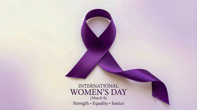 Lazo morado de sat&eacute;n brillante, s&iacute;mbolo del D&iacute;a Internacional de la Mujer (8M). Representa igualdad, derechos y justicia social. Imagen elegante ideal para campa&ntilde;as y comunicaci&oacute;n institucional.