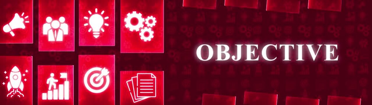 Red Business Objective Concept with Icons of Teamwork, Ideas, Gears, Rocket, Growth, Target and Documents