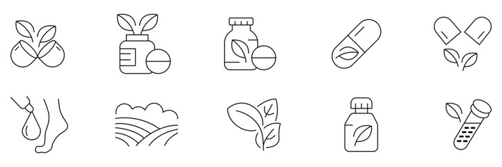 Naklejka premium Ayurvedic, Wellness icons set, natural supplement collection, herbal medicine symbols, organic health silhouettes, eco beauty signs, holistic care vector illustration artwork design.