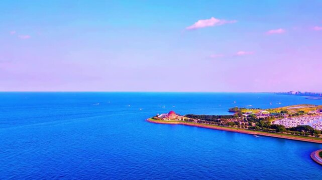 A smooth drone flight over Lake Michigan revealing the iconic Adler Planetarium along the shoreline, with the Chicago skyline rising dramatically in the background for a stunning cinematic view.