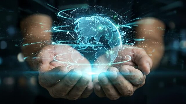 Close-up of cupped hands holding a spinning holographic wireframe globe with glowing connection nodes and data particles, static framing with a dark background and shallow depth of field, cinematic te