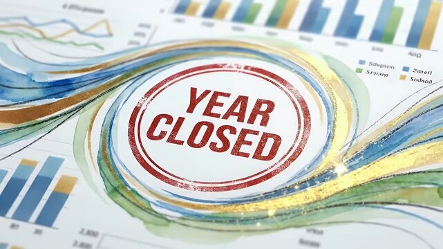 An artistic depiction of a year closed rubber stamp pressed onto a financial report, capturing vibrant colors and a dynamic composition with leading lines.