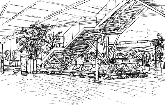 Mauritius Airport stairs leading to the Viewing Gallery public area. Line ink drawing.
