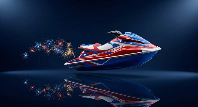Red white and blue jet ski speeding with fireworks exhaust