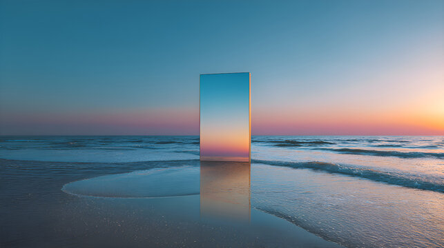 Reflecting monolith on beach during sunset