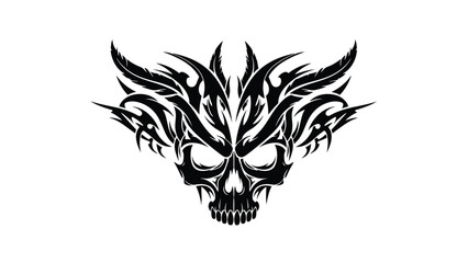 Fototapeta premium Black tribal-style skull illustration with sharp teeth and flames on a white background.