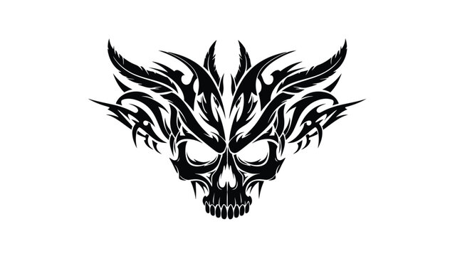 Black tribal-style skull illustration with sharp teeth and flames on a white background.
