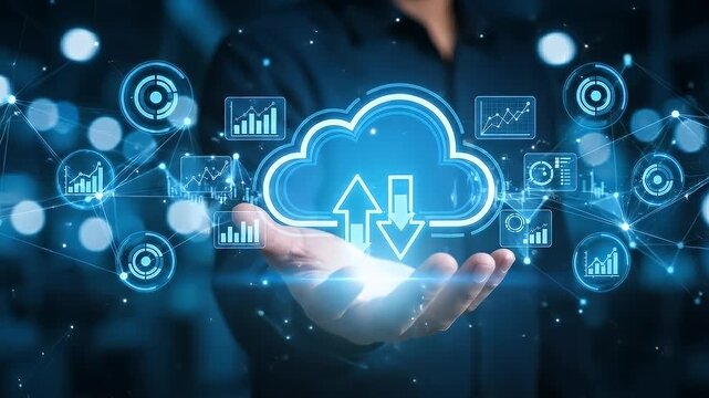 Close-up of a hand presented upward as a large glowing cloud icon with upload and download arrows pulses, surrounded by smaller icons for charts and graphs, static framing with blue bokeh and glowing 