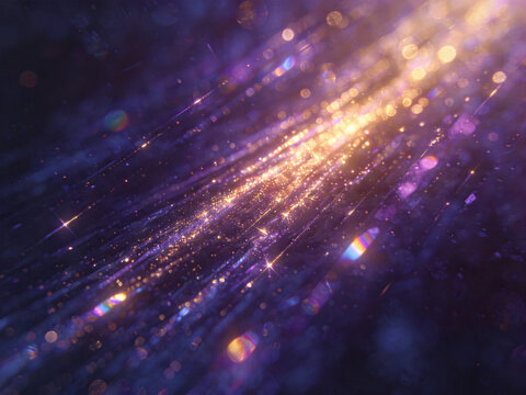 Abstract ethereal composition with deep indigo and violet palette featuring brilliant golden iridescent flares, soft prismatic light leaks, diagonal flow of glowing bokeh and sharp crystalline streaks