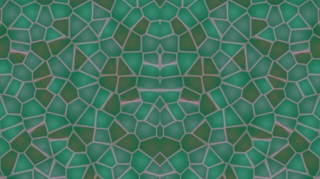 A seamless green abstract mosaic background features a geometric square grid pattern with light blue line textures, creating a decorative vector tile design for a modern wallpaper surface