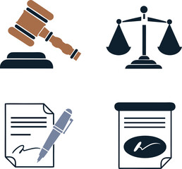 Obraz premium law and justice icons including gavel scales of justice and documents with signatures