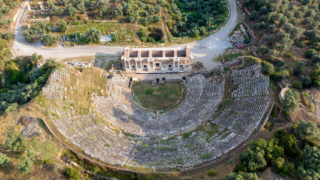 Nysa Ancient city. Aerial view of Roman period ancient theater (Amphitheatre) . Sultanhisar - Aydin - Turkey
