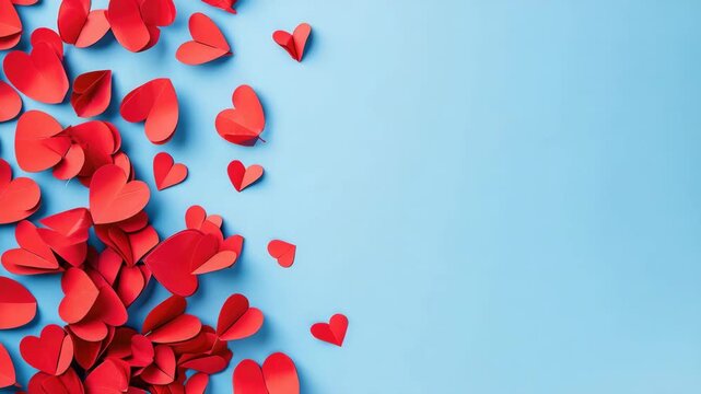 Heart shapes in a pile on a solid blue surface