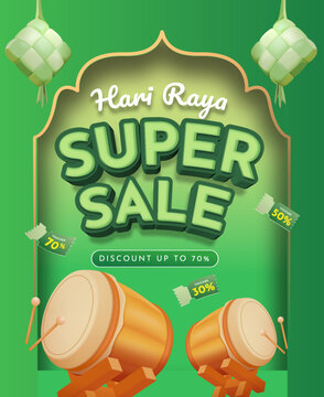Hari raya aidilfitri super sale promotional ads with 3D style Beduk and hanging ketupat over festive green background. Hari raya aidilfitri translation eid al fitr