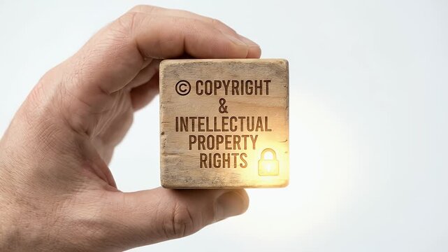 A hand firmly grasps a wooden cube displaying the concept of copyright and intellectual property rights, captured against a pristine white background to allow for extensive copy space various companie
