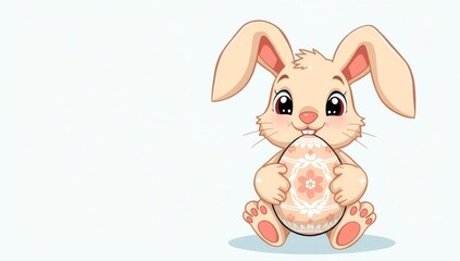 Cute easter bunny holding decorated egg on white background