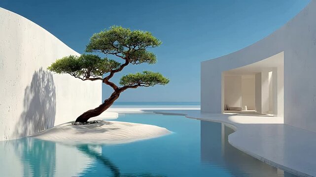 Zen-inspired luxury courtyard with a single graceful bonsai tree growing from a minimal sand island amidst a calm shallow reflection pool.