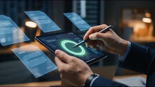 Close-up of a professional holding a tablet in one hand while marking a glowing circular check icon with a stylus above floating document panels, subtle slow push-in camera movement with low key backg