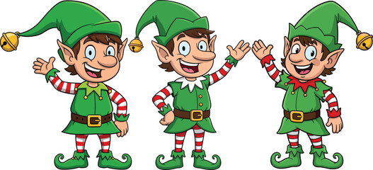 Fototapeta premium Cartoon Christmas elves in green outfits with cheerful expressions, festive holiday character illustration for celebration, Santa’s workshop, decoration and seasonal design projects