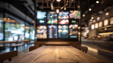 Wooden Table in Restaurant: A close-up view of a wooden table takes center stage in a restaurant setting. the scene has a nice bokeh effect