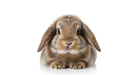 Cute fluffy brown lop-eared rabbit on white studio background