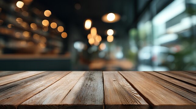 Rustic Table in a Cozy Cafe: An inviting perspective of a textured, wooden table offers a tactile focal point against the blurred backdrop of a warm and inviting cafe interior.