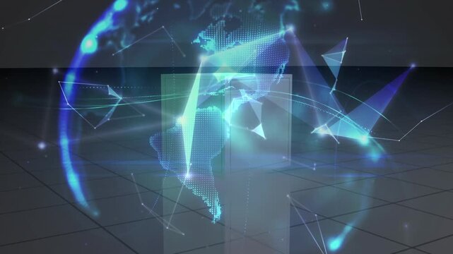 Animation of globe and shapes over rotating cube with financial graphs