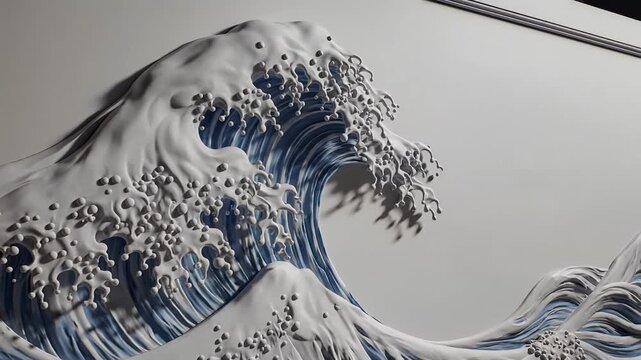 A large wave painted on a white wall in the style of The Great Wave off Kanagawa.
