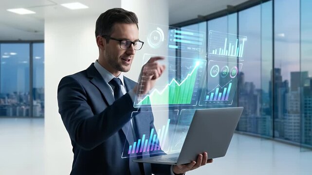 Business professional interacting with holographic financial charts and data analytics dashboard on laptop, modern fintech investment and business growth concept with futuristic interface
