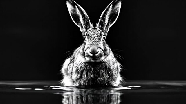 A black and white portrait of a hare standing in water with its reflection visible