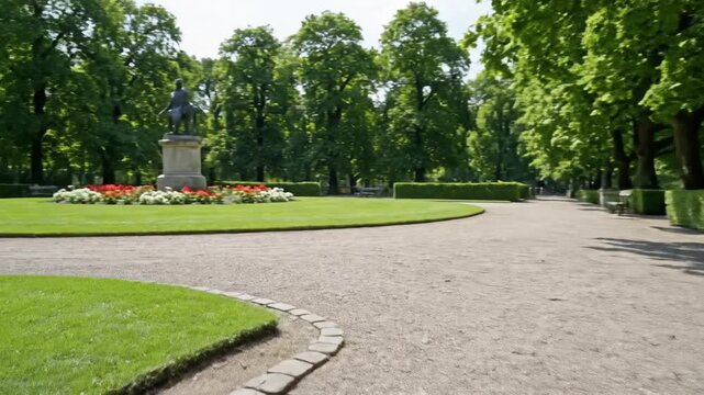 Gravel path with park bench and trees in a serene garden