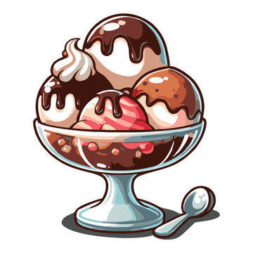 Delicious illustration of a dessert bowl filled with creamy ice cream scoops, lavishly topped with chocolate and sweet berry drizzles, portraying a refreshing sweet treat
