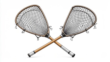 Two lacrosse sticks, crossed, with detailed wood and net textures on a white backdrop