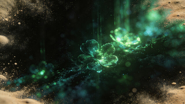 Abstract glowing texture with heavy gritty grain and sand-like noise featuring emerald green and deep teal bioluminescent glows, soft bokeh blooms, and vertical streaks of diffused light against a dee