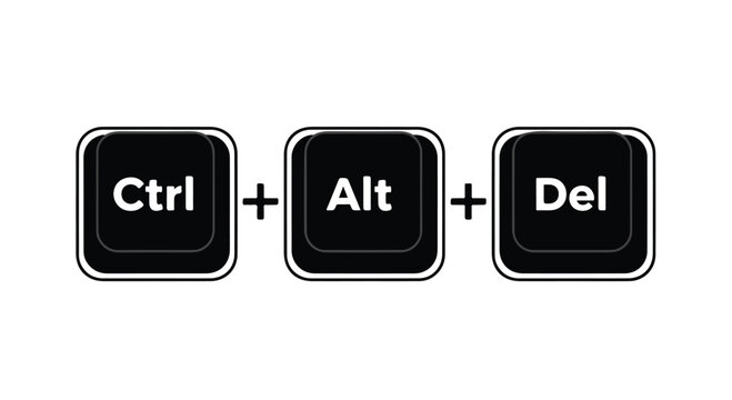 Graphic illustration of Ctrl, Alt, and Del keyboard keys on a white background with a minimalist design.