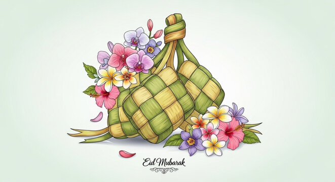Vector ilustration of ketupat lebaran and flower 